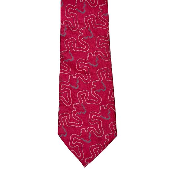 Vintage 90s Giorgio Armani Red Gray White Topography Squiggle Necktie Tie - Picture 6 of 7